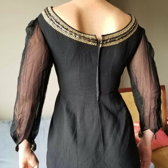 50's Gold Soutache Chiffon Balloon Sleeves Dress - Picture 4 of 9